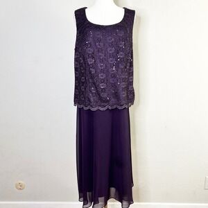 R&M Richards Woman 16W Midi Dress Purple Lace Sequin Overlay Dress Formal